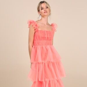 Lulus Tulle For Love Coral Pink Mesh Tulle Tiered Ruffled Maxi Dress - Size M